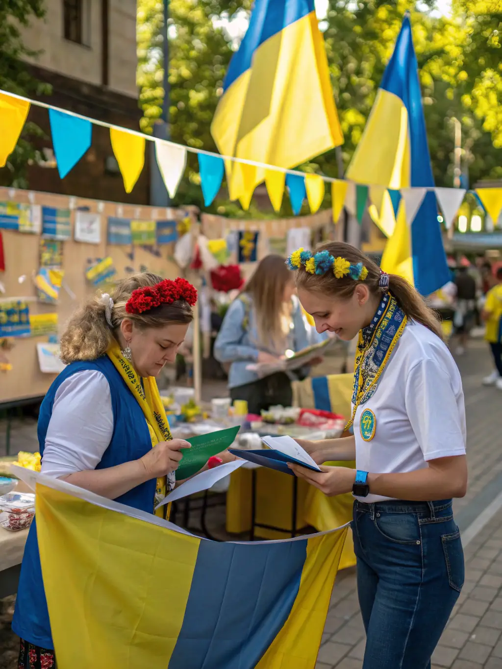 A photograph capturing volunteers setting up decorations for a local festival organized by COMITE DES FETES, emphasizing community spirit and collaborative effort.