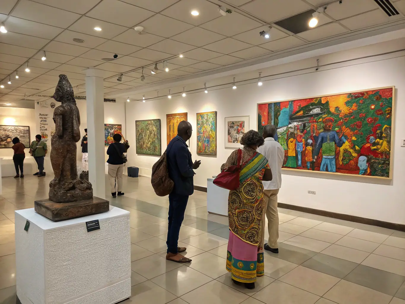 A photograph of an art exhibition organized by COMITE DES FETES, showcasing local artists and their creations, with people admiring the artwork.