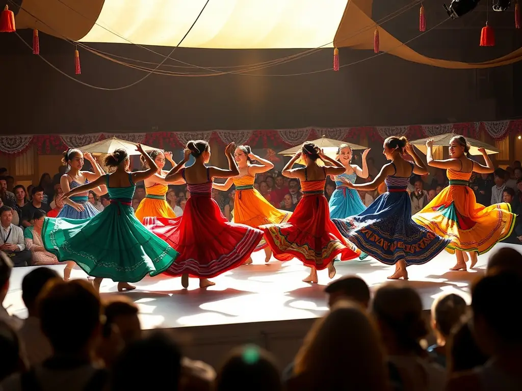 A photograph capturing a lively traditional dance performance during a COMITE DES FETES cultural festival, showcasing performers in colorful costumes and a joyful audience.