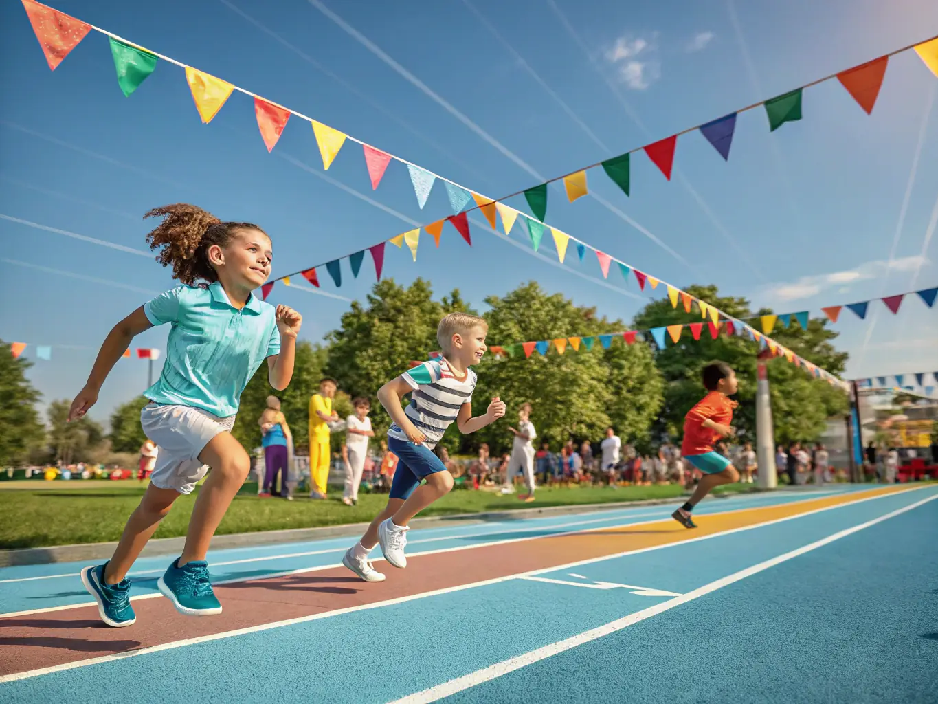 A dynamic image of a COMITE DES FETES-sponsored recreational sports day, with children and adults participating in various games and activities.