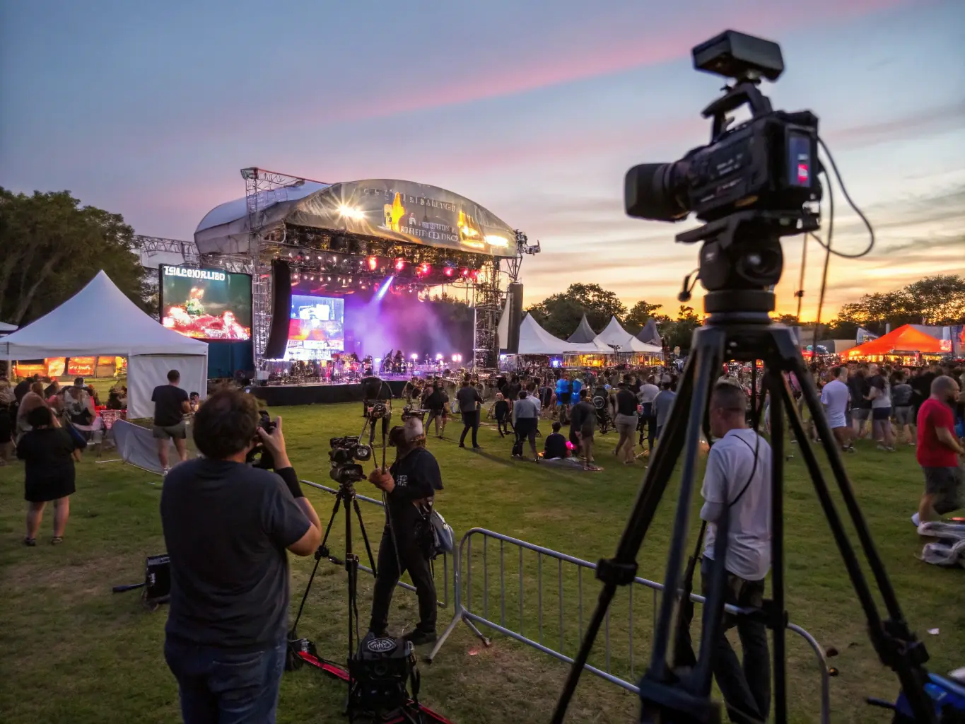 A lively outdoor scene depicting a summer music festival with a band performing on stage and people of all ages enjoying the music and food stalls in a park setting.