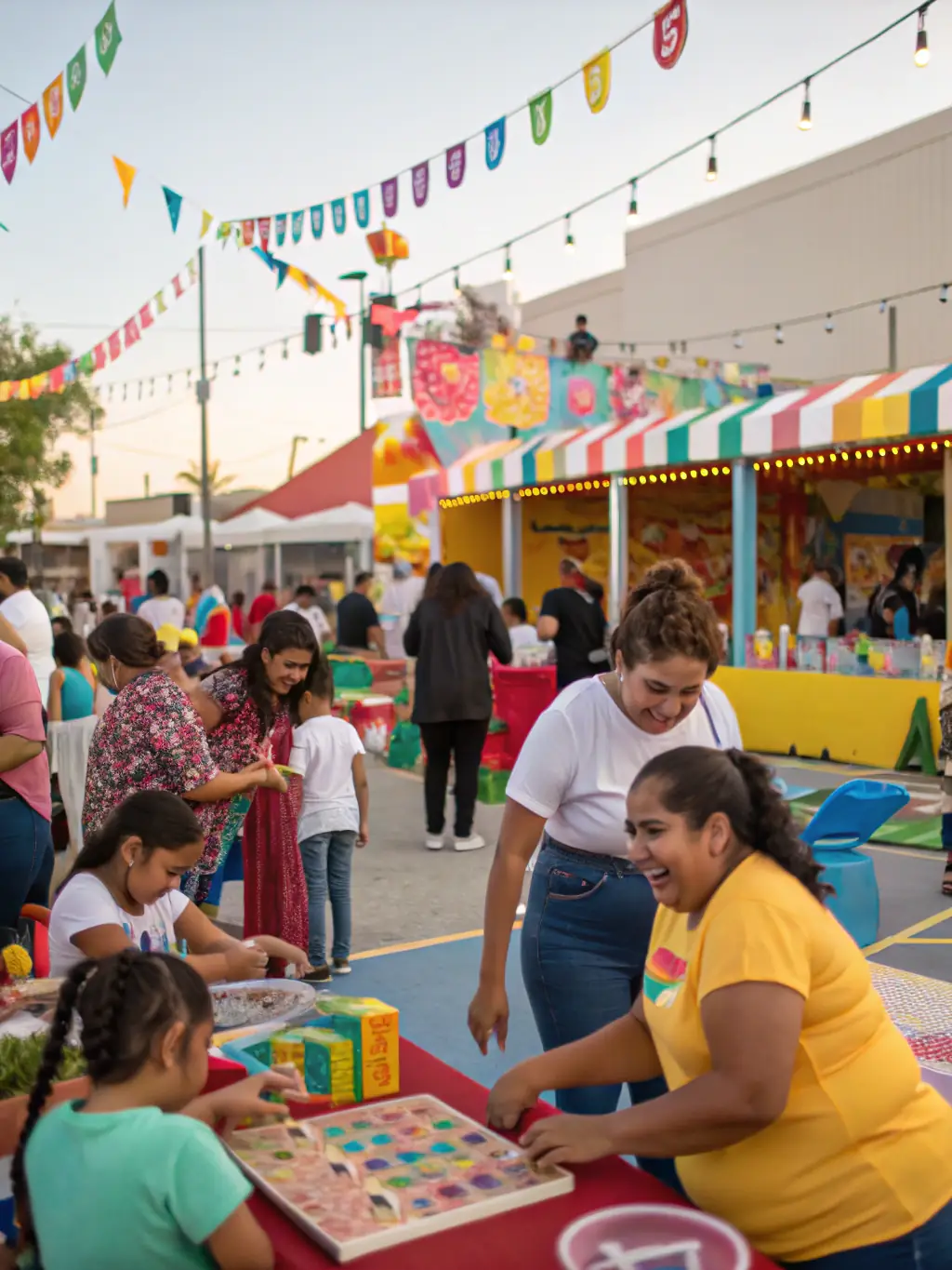 A vibrant photograph capturing the excitement of the annual village fete, with families enjoying games, food stalls, and live music in Vezels-Roussy.