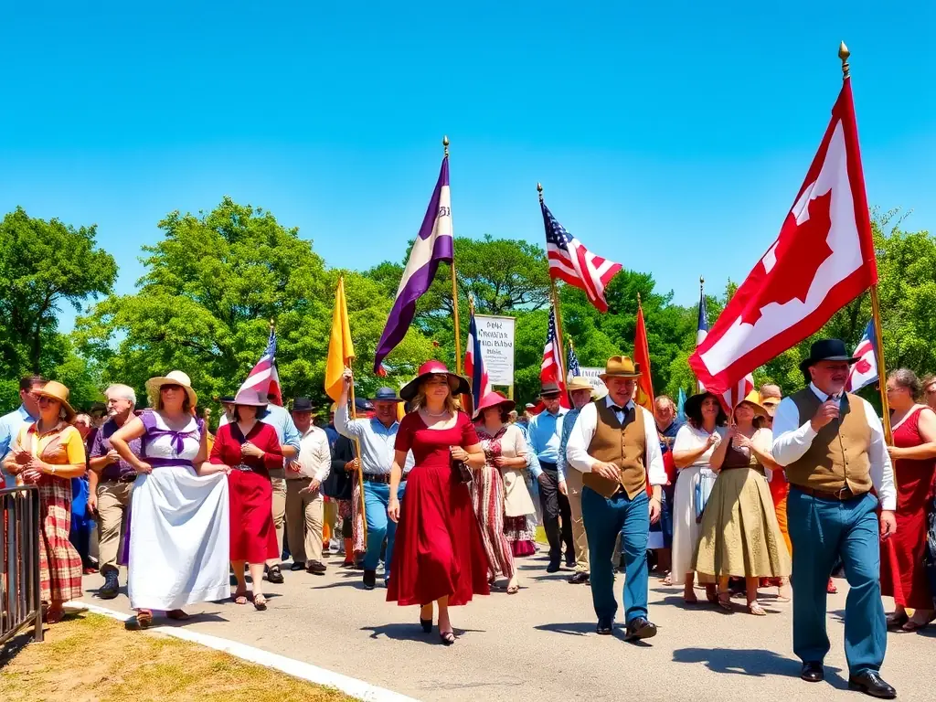 A photograph capturing the excitement of a traditional French festival with people dressed in historical costumes, participating in a parade through the town square.