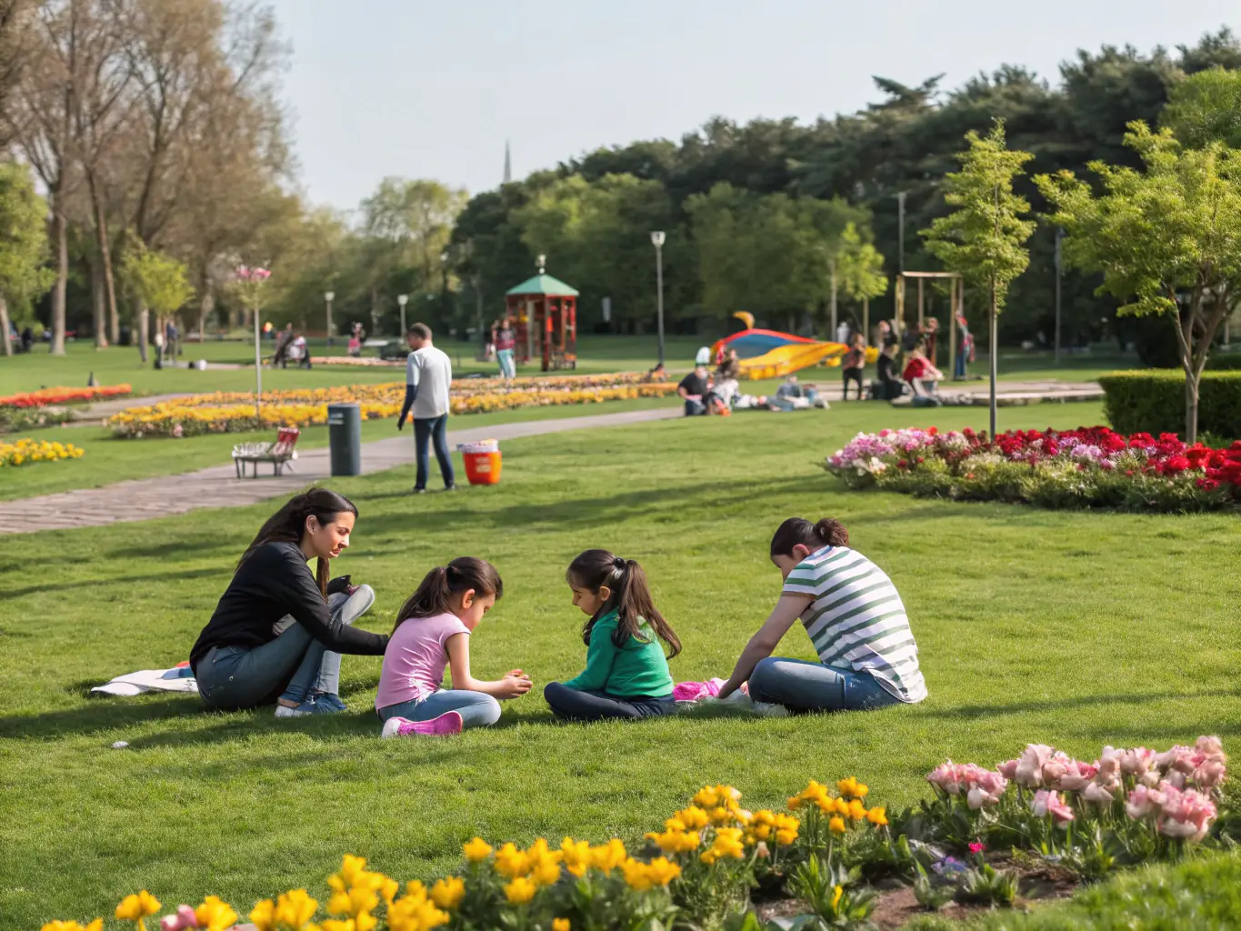 An image of a modern recreational event organized by COMITE DES FETES, featuring families enjoying games and activities in a park setting.