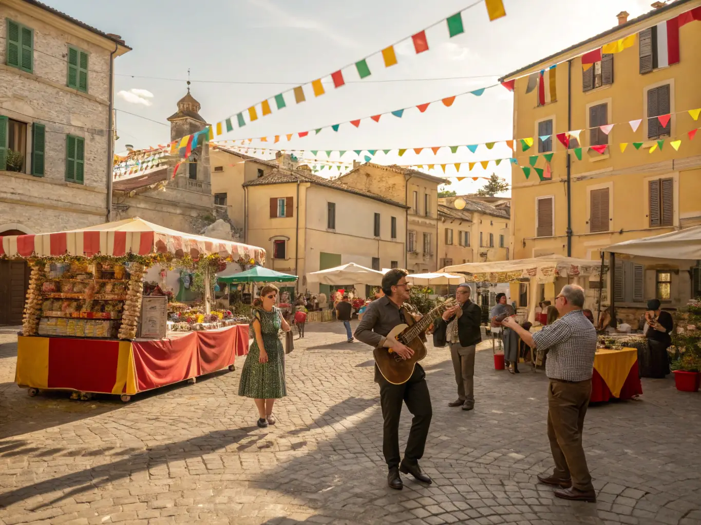 A vibrant image depicting a lively town square during a COMITE DES FETES summer festival, with families enjoying food stalls, live music, and children's games.