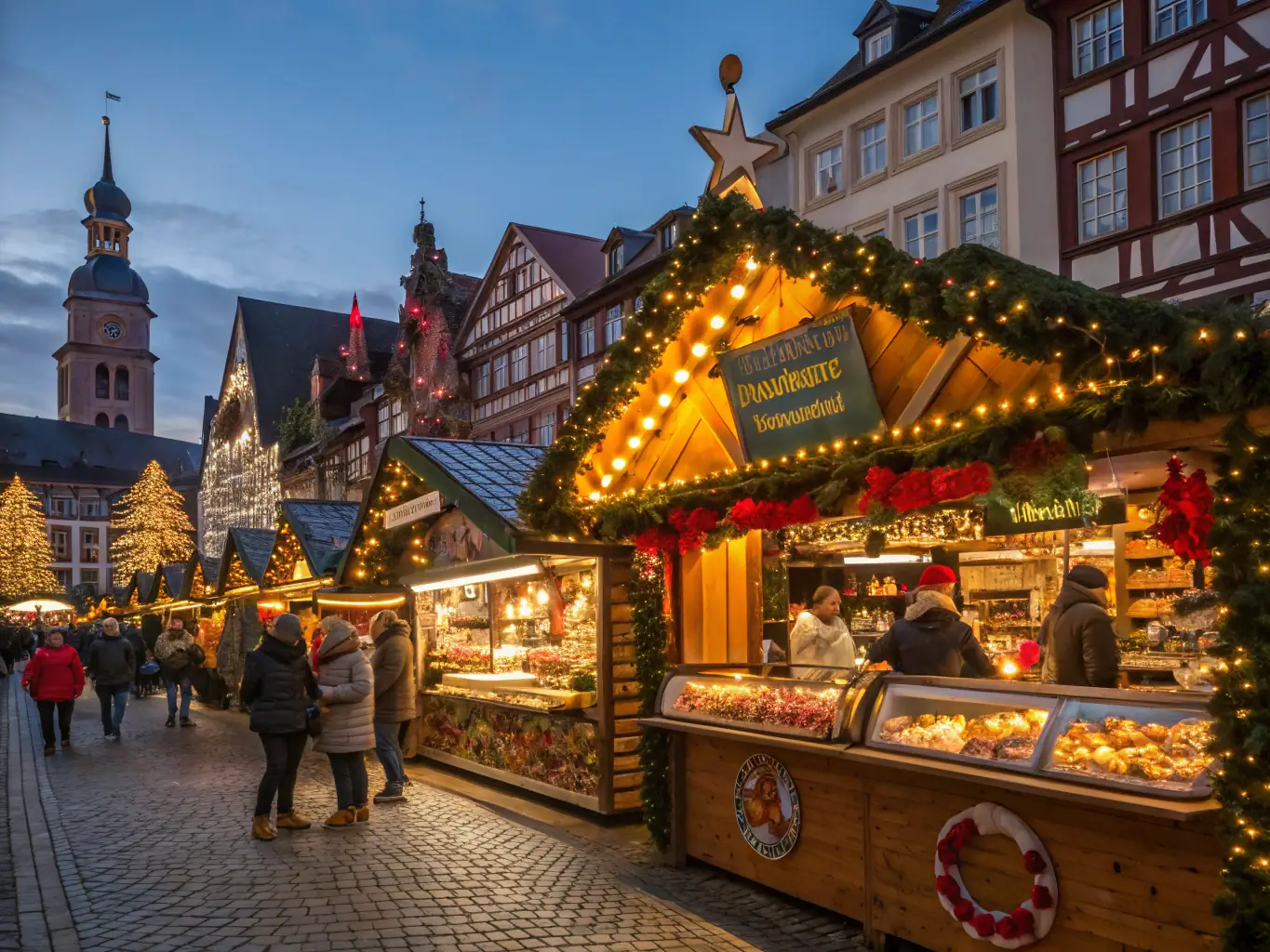 A heartwarming image of a Christmas market with twinkling lights, festive decorations, and families browsing through the stalls selling handmade crafts and treats.