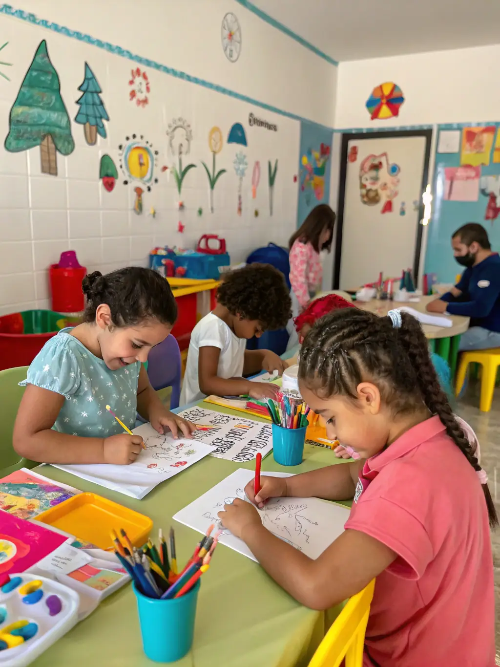A colorful image of children participating in an art workshop during one of COMITE DES FETES' cultural enrichment programs.